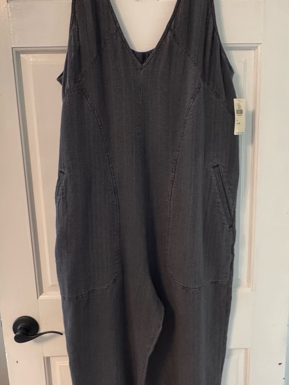 Pilcro by Anthropologie Charcoal Gray V-Neck Linen-Blend Jumpsuit